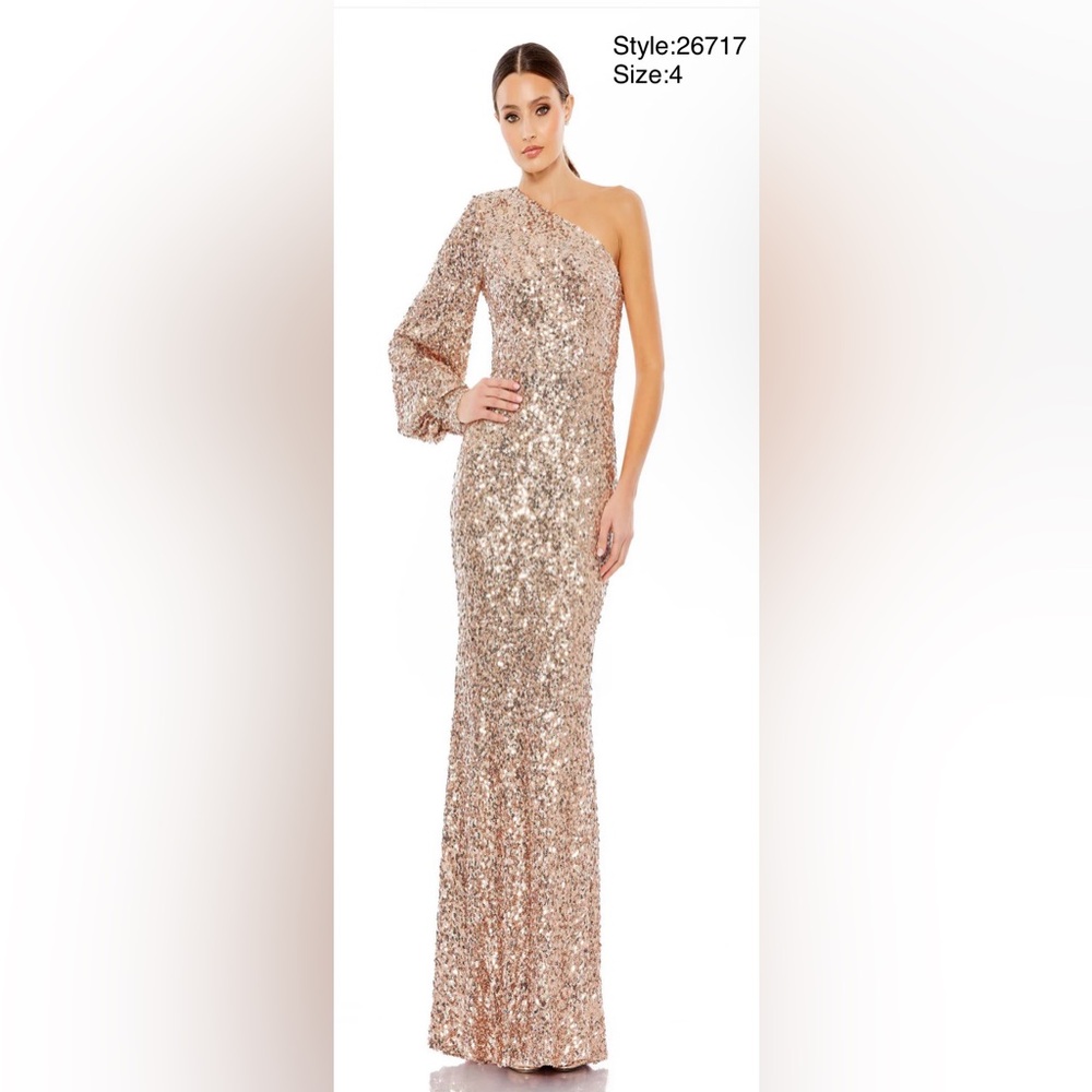 NWT- Mac Duggal One-Shoulder Sequin Gown in Rose Gold